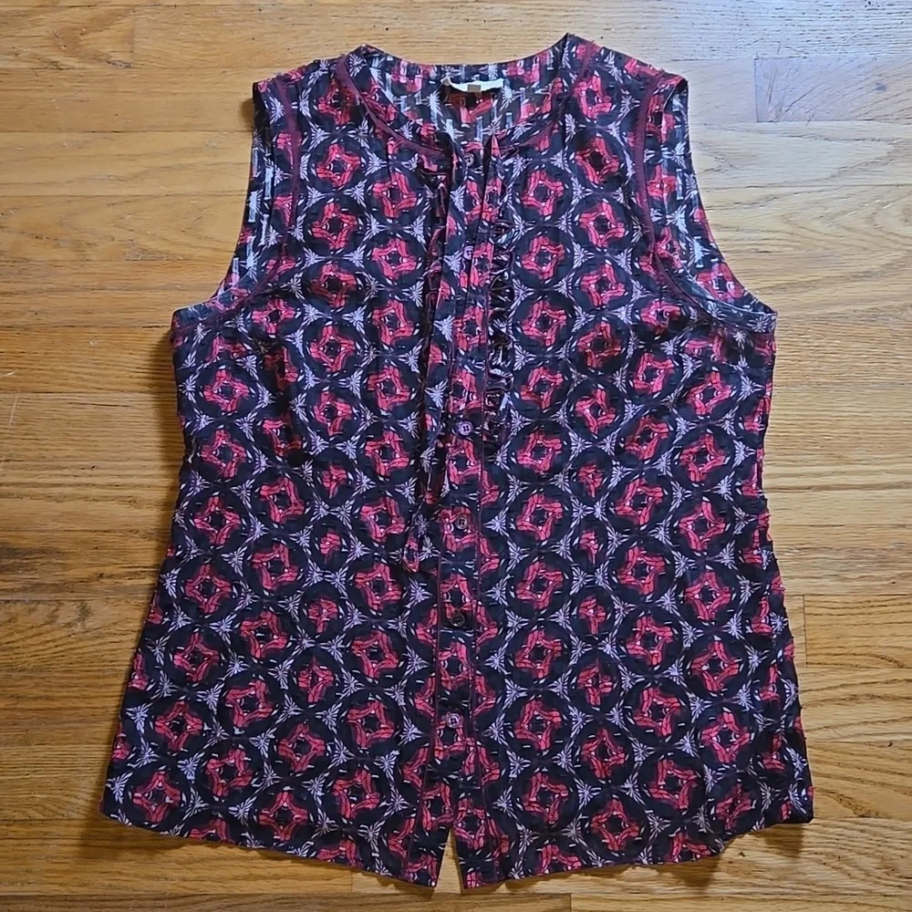 Tory Burch Libby geometric ruffle tie-neck silk blend sleeveless buttondown top